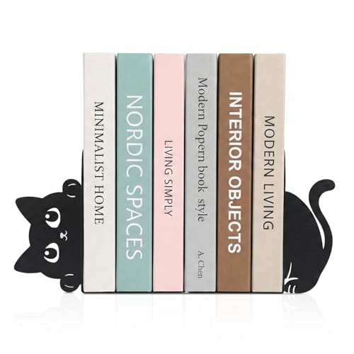 Cenjeery Sujetalibros de Metal con Gato Asomado Juego de 2, Sujetalibros Decorativos para Estantes,...